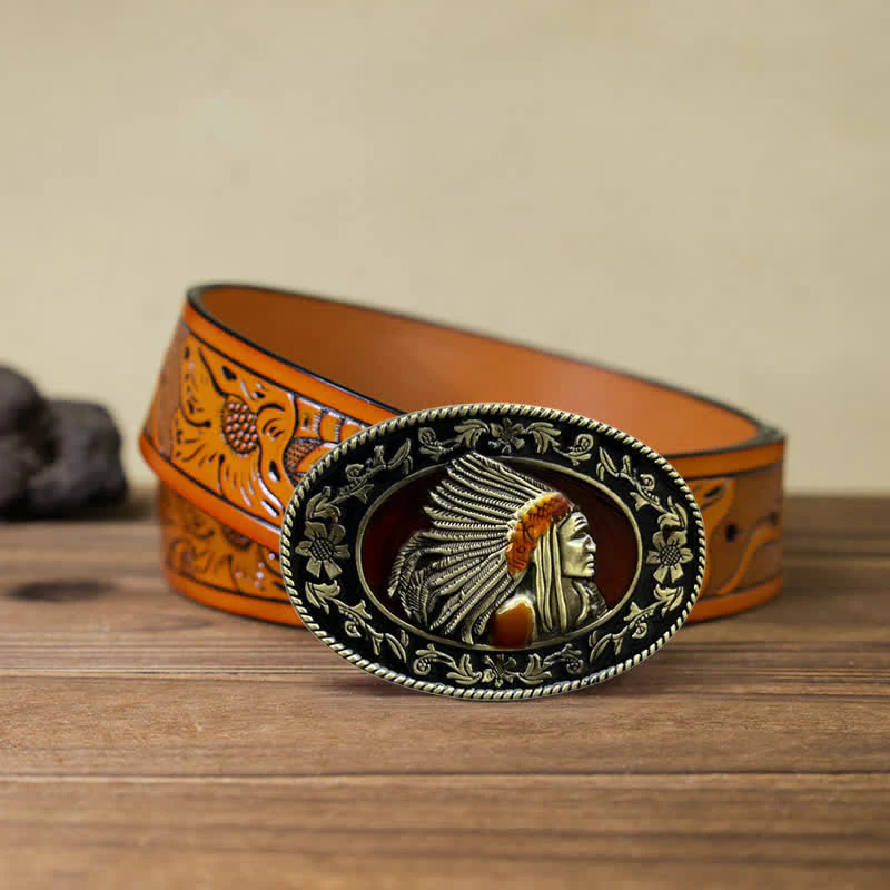 Men's DIY Indian Chief Tribal Buckle Leather Belt - Image 24