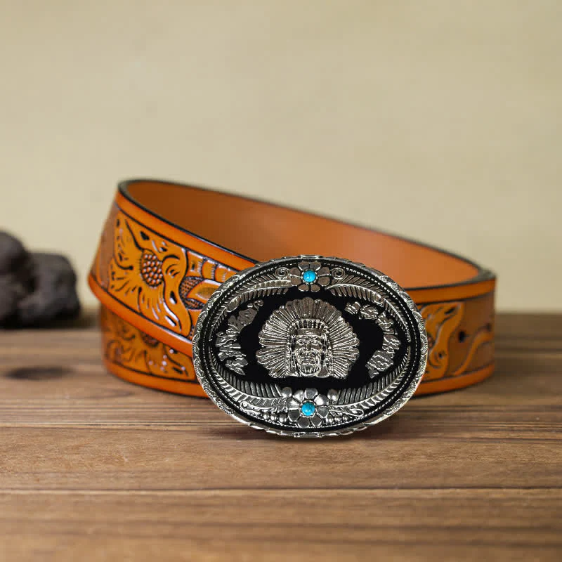 Men's DIY Indian Chief Turquoise Buckle Leather Belt - Image 18
