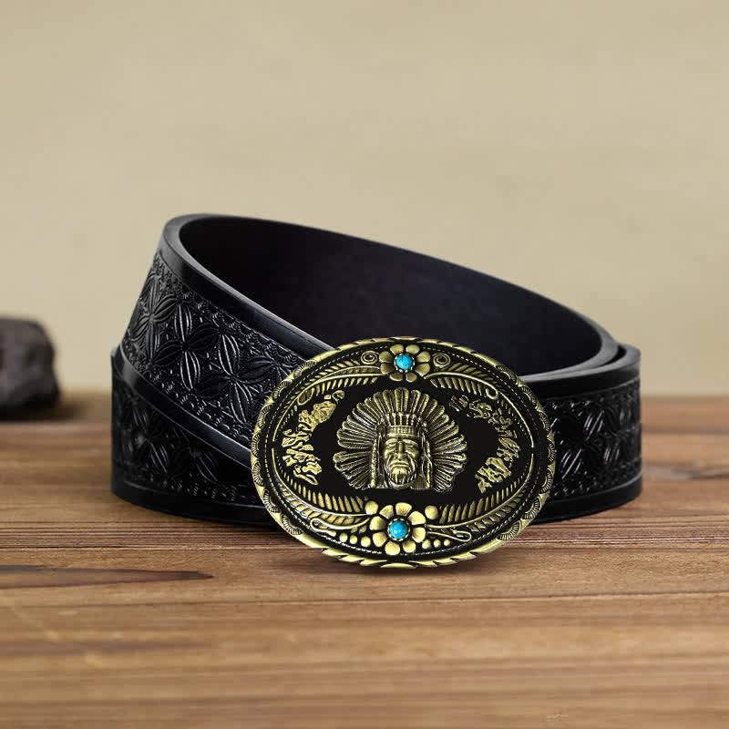 Men's DIY Indian Chief Turquoise Buckle Leather Belt - Image 6