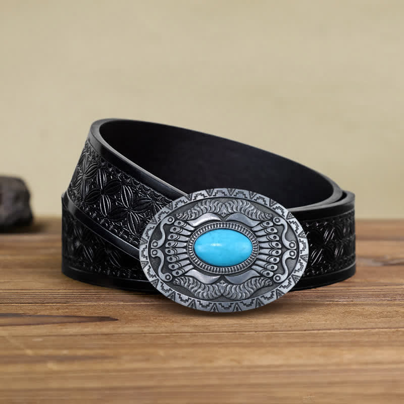 Men's DIY Indian Shield Turquoise Buckle Leather Belt - Image 6