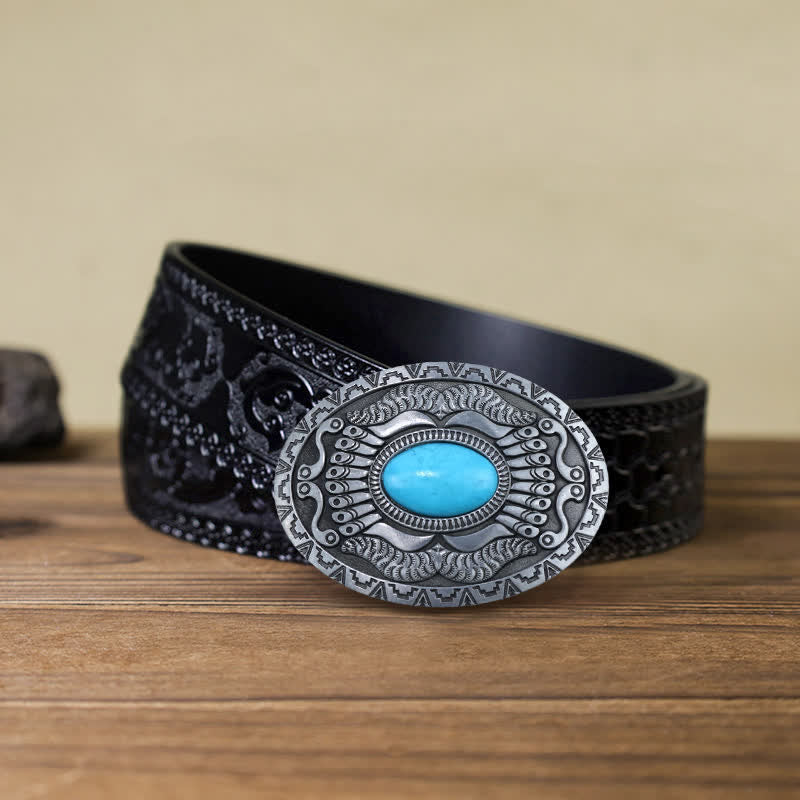 Men's DIY Indian Shield Turquoise Buckle Leather Belt - Image 7