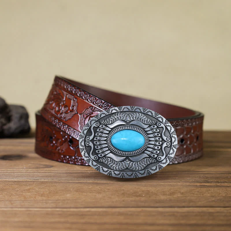 Men's DIY Indian Shield Turquoise Buckle Leather Belt - Image 8