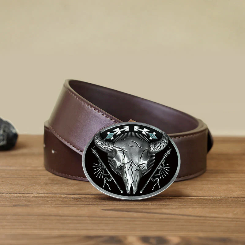Men's DIY Indian Theme Bull Skull Buckle Leather Belt - Image 10