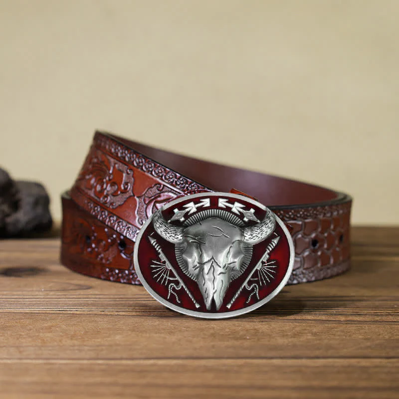Men's DIY Indian Theme Bull Skull Buckle Leather Belt - Image 13