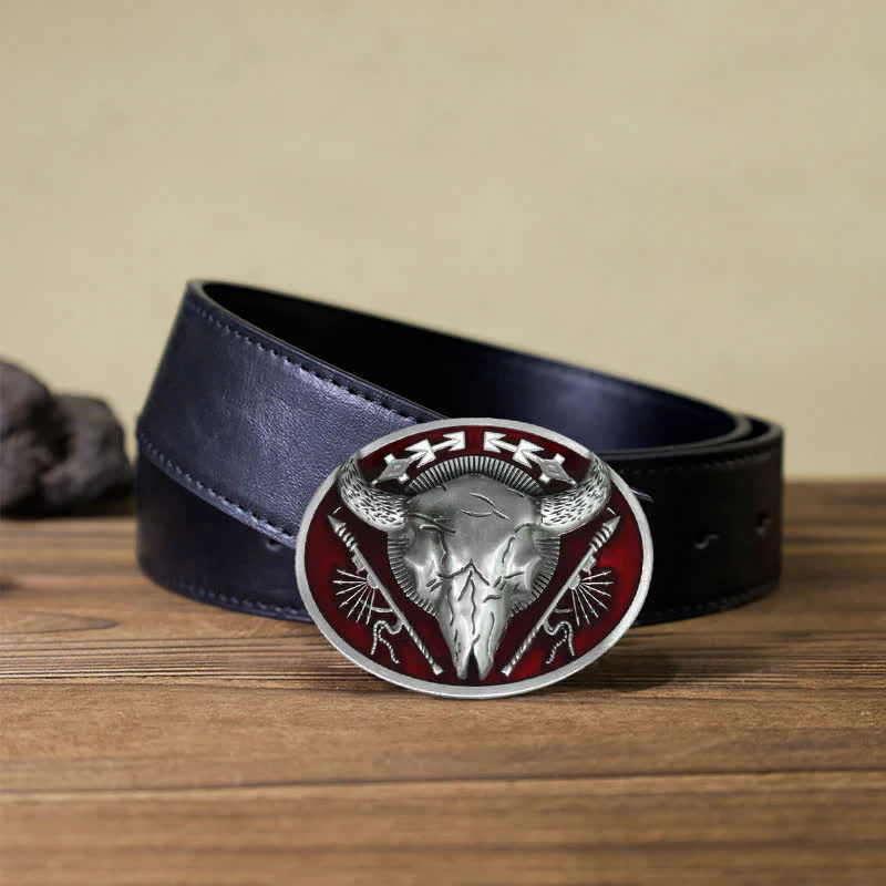 Men's DIY Indian Theme Bull Skull Buckle Leather Belt - Image 5