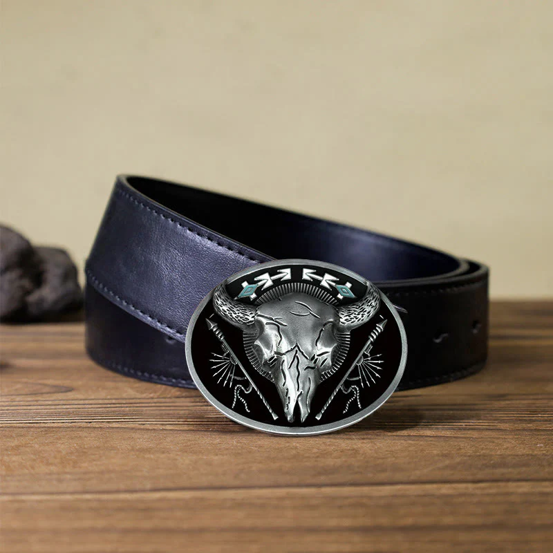 Men's DIY Indian Theme Bull Skull Buckle Leather Belt - Image 6