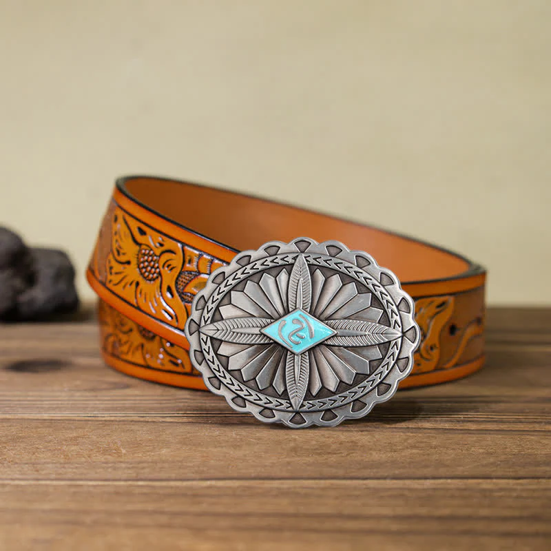 Men's DIY Indian Tribal Cross Totem Buckle Leather Belt - Image 10