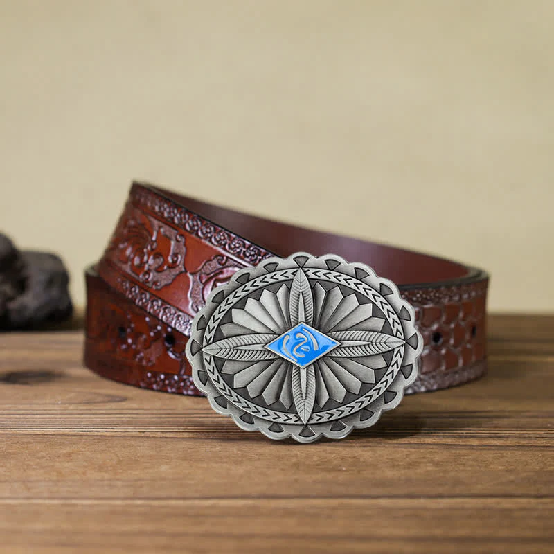 Men's DIY Indian Tribal Cross Totem Buckle Leather Belt - Image 17