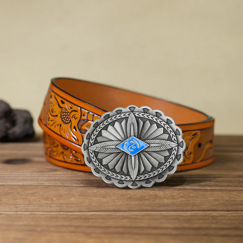 Men's DIY Indian Tribal Cross Totem Buckle Leather Belt - Image 19