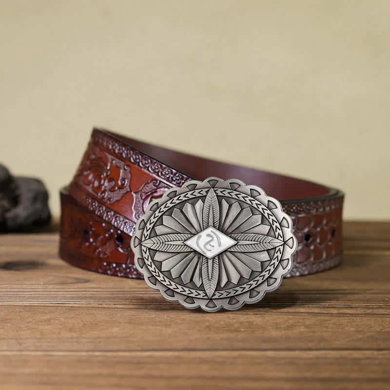 Men's DIY Indian Tribal Cross Totem Buckle Leather Belt - Image 25