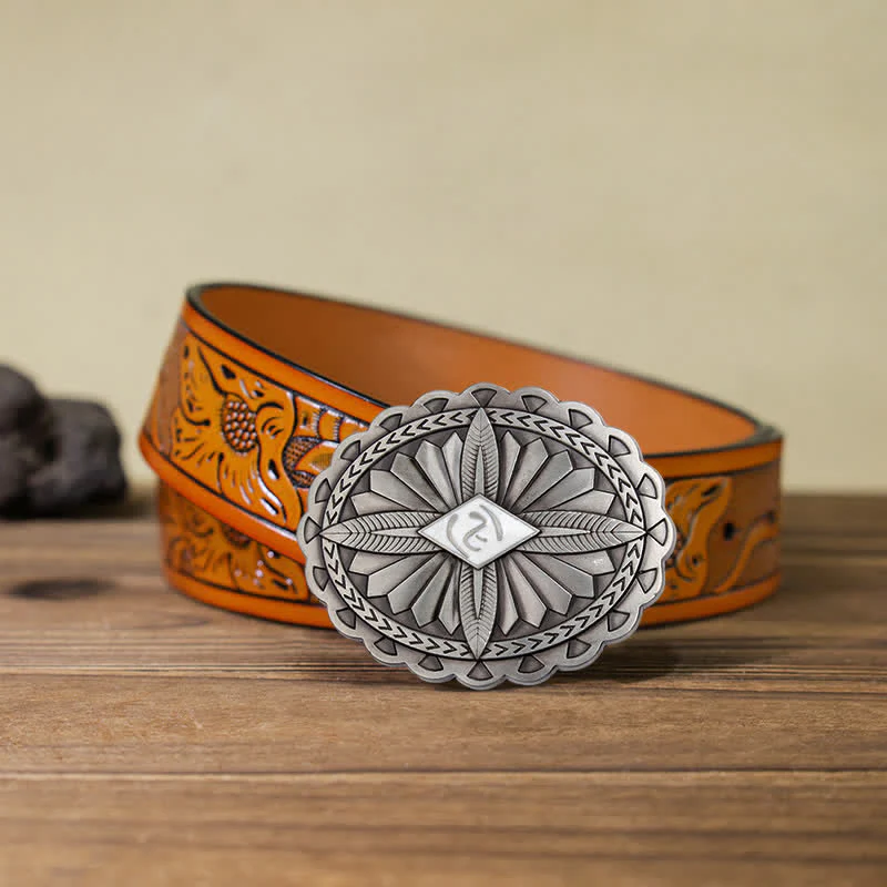 Men's DIY Indian Tribal Cross Totem Buckle Leather Belt - Image 27