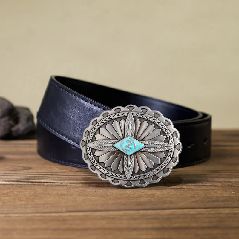 Men's DIY Indian Tribal Cross Totem Buckle Leather Belt - Image 4