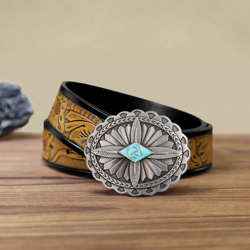 Men's DIY Indian Tribal Cross Totem Buckle Leather Belt - Image 9