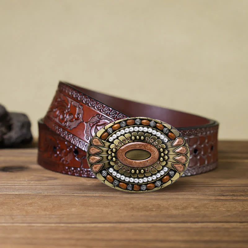 Men's DIY Indian Wood Bead Buckle Leather Belt - Image 17