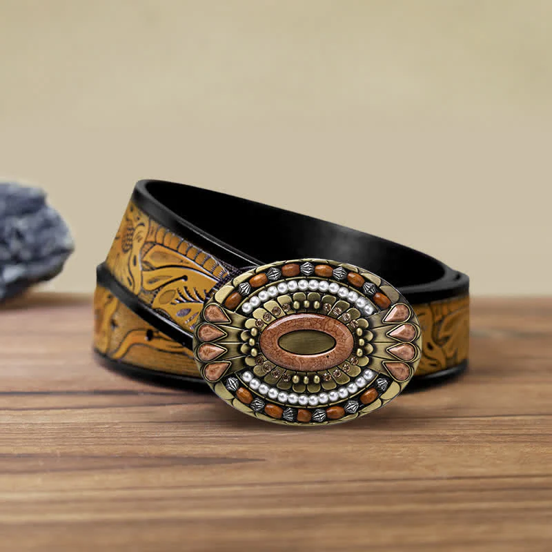 Men's DIY Indian Wood Bead Buckle Leather Belt - Image 18