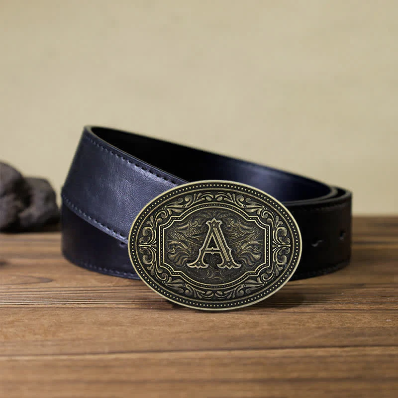 Men's DIY Initial Letter Patterned Buckle Leather Belt - Image 4