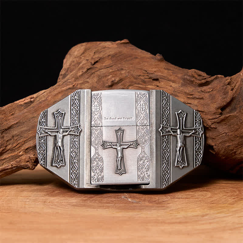 Men's DIY Jesus Cross Leather Belt with Hidden Lighter