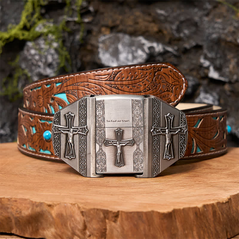 Men's DIY Jesus Cross Leather Belt with Hidden Lighter - Image 6