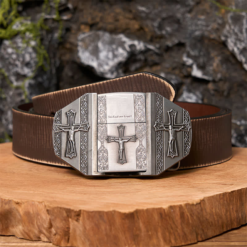 Men's DIY Jesus Cross Leather Belt with Hidden Lighter - Image 8