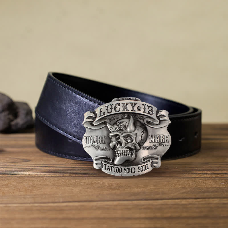 Men's DIY King Of Fools Lucky 13 Buckle Leather Belt - Image 14