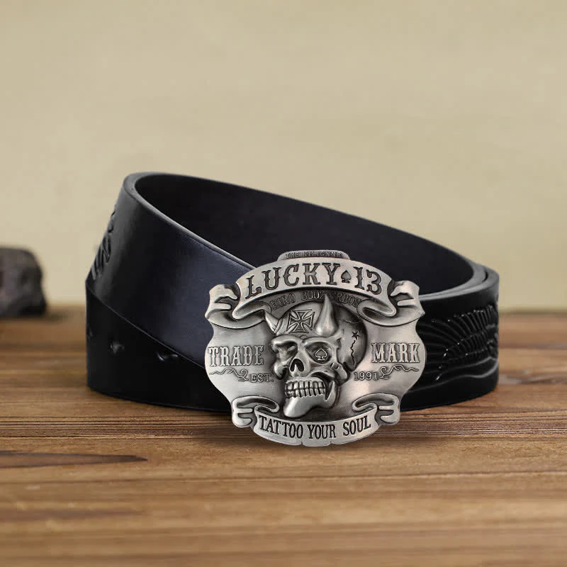 Men's DIY King Of Fools Lucky 13 Buckle Leather Belt - Image 15