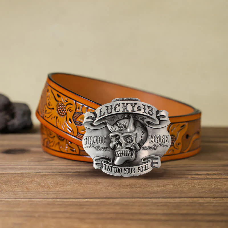 Men's DIY King Of Fools Lucky 13 Buckle Leather Belt - Image 20