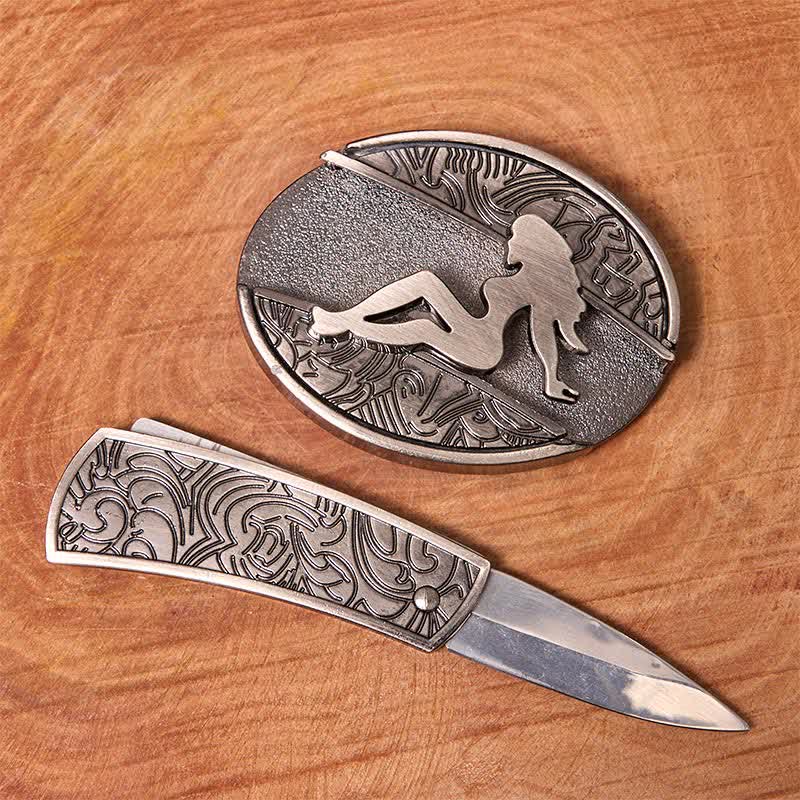 Men's DIY Lady Silhouette Hidden Folding Knife Leather Belt - Image 2