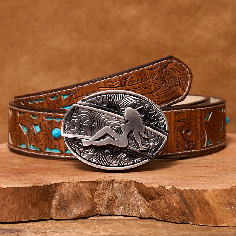 Men's DIY Lady Silhouette Hidden Folding Knife Leather Belt - Image 7
