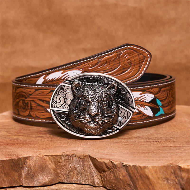 Men's DIY Leopard Head Hidden Folding Knife Leather Belt - Image 10