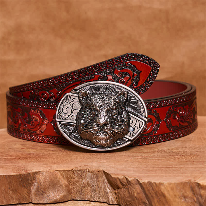 Men's DIY Leopard Head Hidden Folding Knife Leather Belt - Image 6