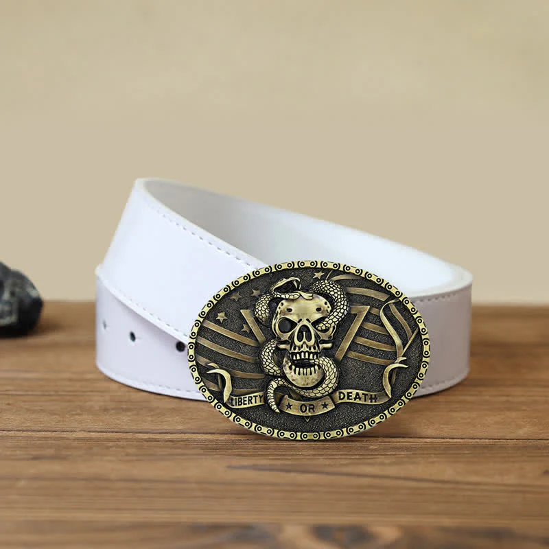 Men's DIY "Liberty or Death" Snake Skull Buckle Leather Belt - Image 11
