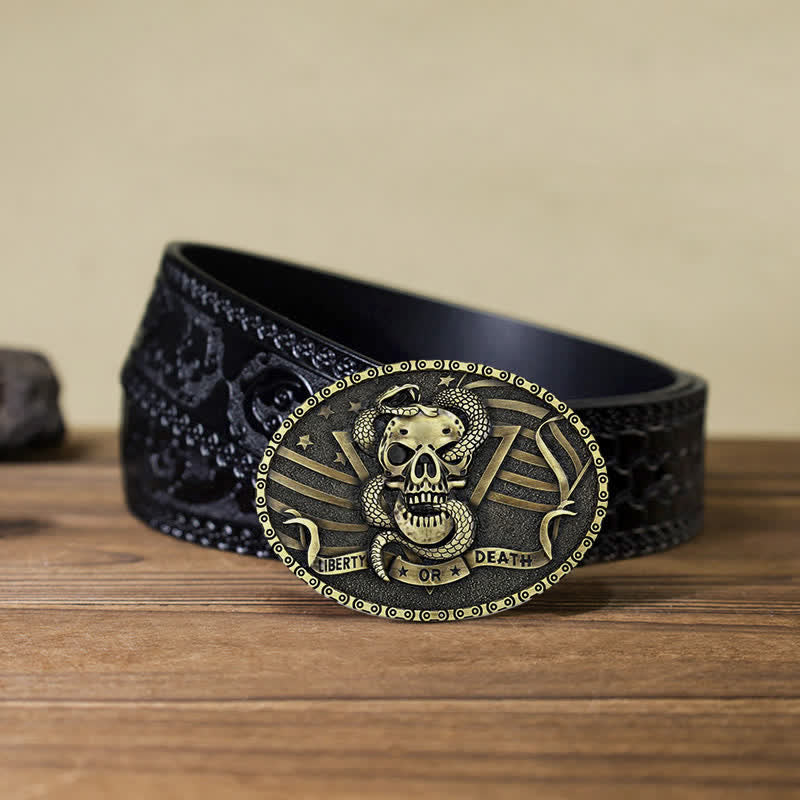 Men's DIY "Liberty or Death" Snake Skull Buckle Leather Belt - Image 17