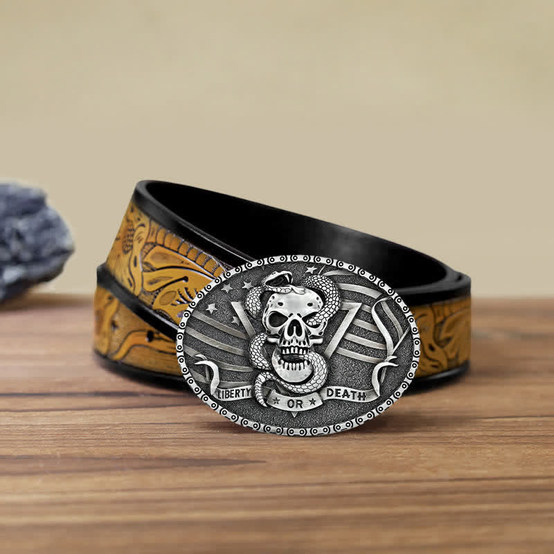 Men's DIY "Liberty or Death" Snake Skull Buckle Leather Belt - Image 22