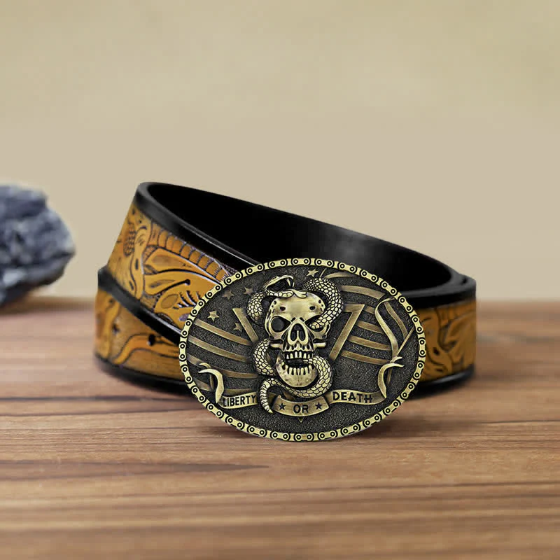 Men's DIY "Liberty or Death" Snake Skull Buckle Leather Belt - Image 23