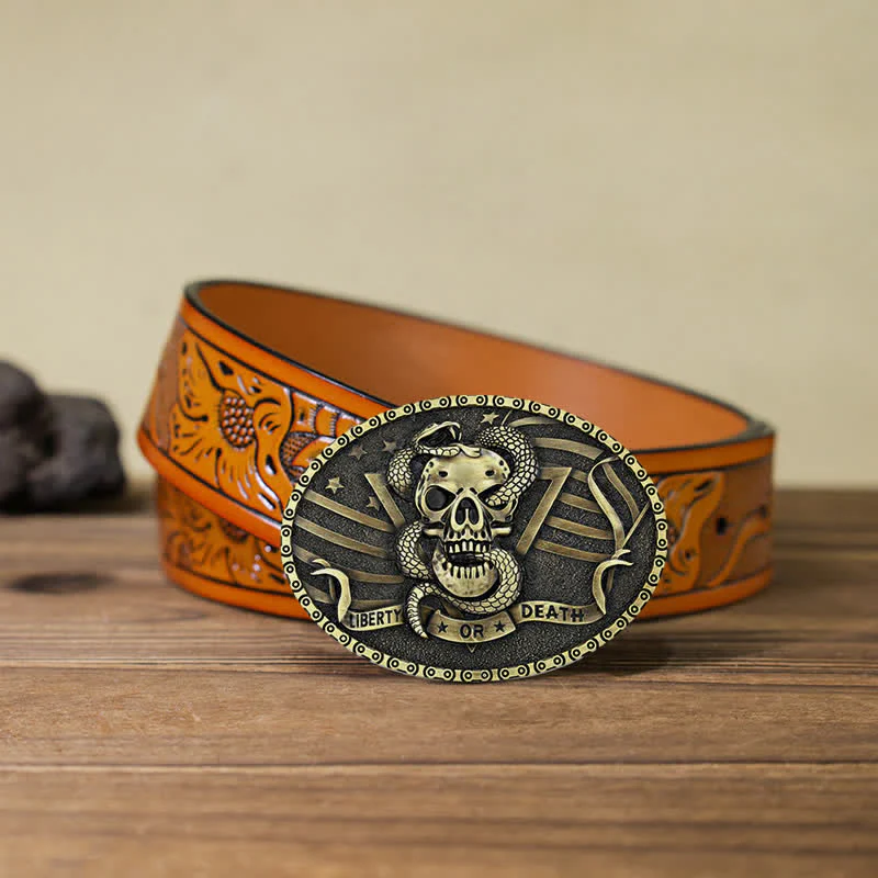 Men's DIY "Liberty or Death" Snake Skull Buckle Leather Belt - Image 26