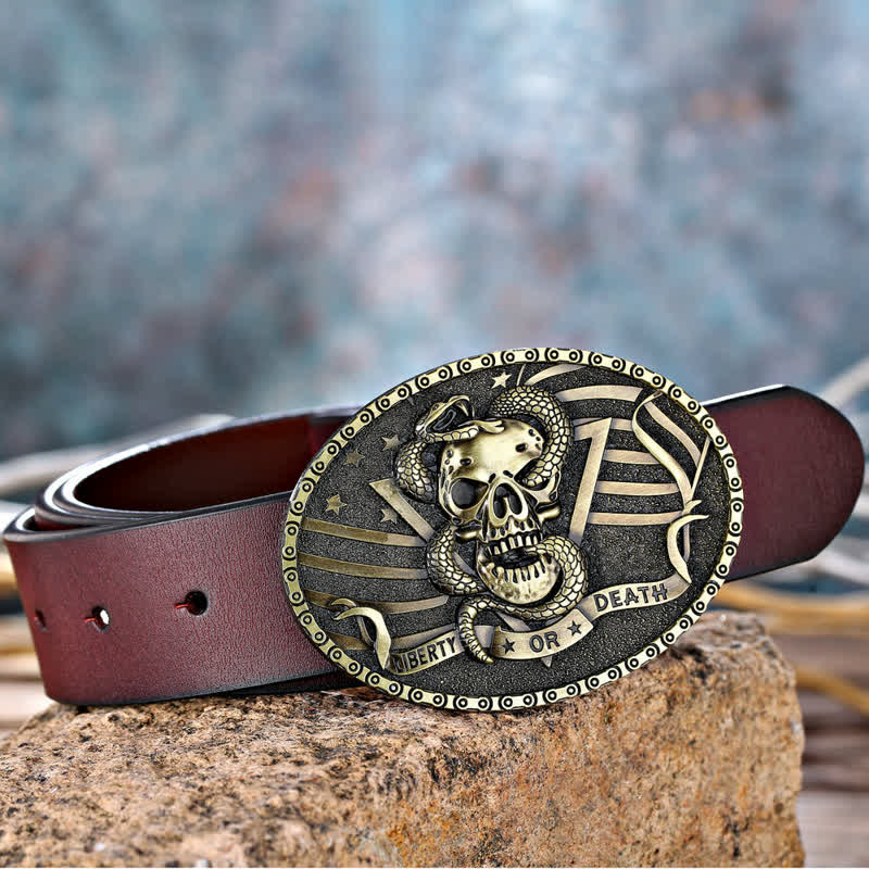 Men's DIY "Liberty or Death" Snake Skull Buckle Leather Belt - Image 5