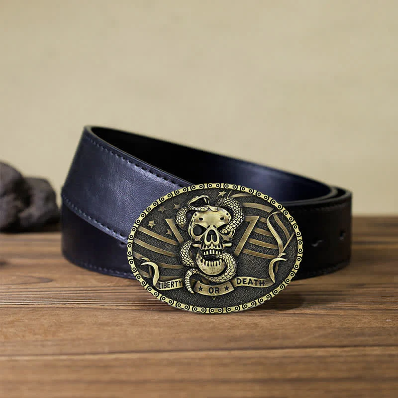 Men's DIY "Liberty or Death" Snake Skull Buckle Leather Belt - Image 8