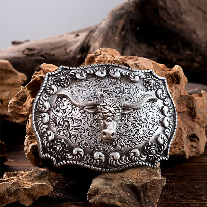 Men's DIY Longhorn Bull Antiqued Silver Buckle Leather Belt - Image 3