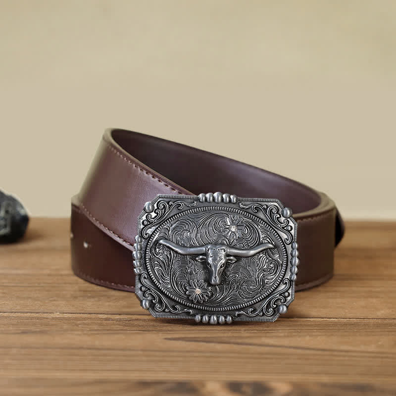 Men's DIY Longhorn Bull Head Buckle Leather Belt - Image 10