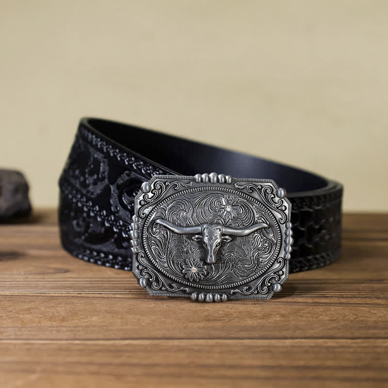 Men's DIY Longhorn Bull Head Buckle Leather Belt - Image 12