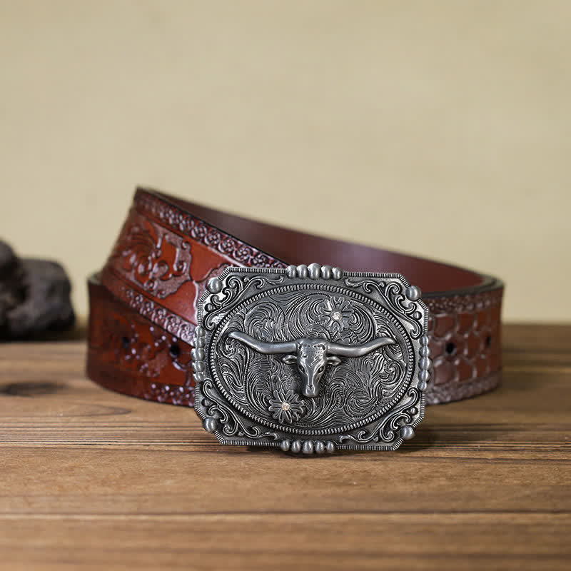 Men's DIY Longhorn Bull Head Buckle Leather Belt - Image 14
