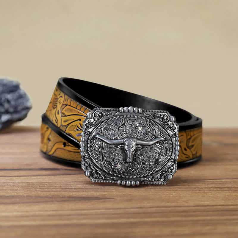 Men's DIY Longhorn Bull Head Buckle Leather Belt - Image 16