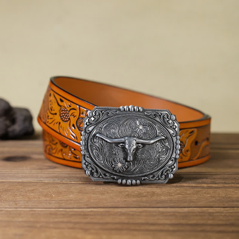 Men's DIY Longhorn Bull Head Buckle Leather Belt - Image 18