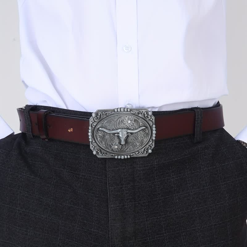Men's DIY Longhorn Bull Head Buckle Leather Belt - Image 3