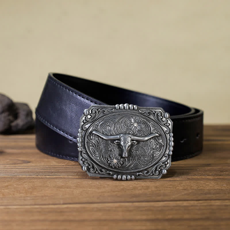 Men's DIY Longhorn Bull Head Buckle Leather Belt - Image 6