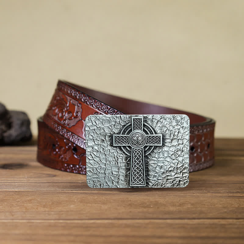 Men's DIY Medievel Style Celtic Cross Buckle Leather Belt - Image 8