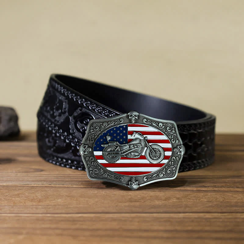 Men's DIY Motorcycle USA Flag Skull Buckle Leather Belt - Image 10