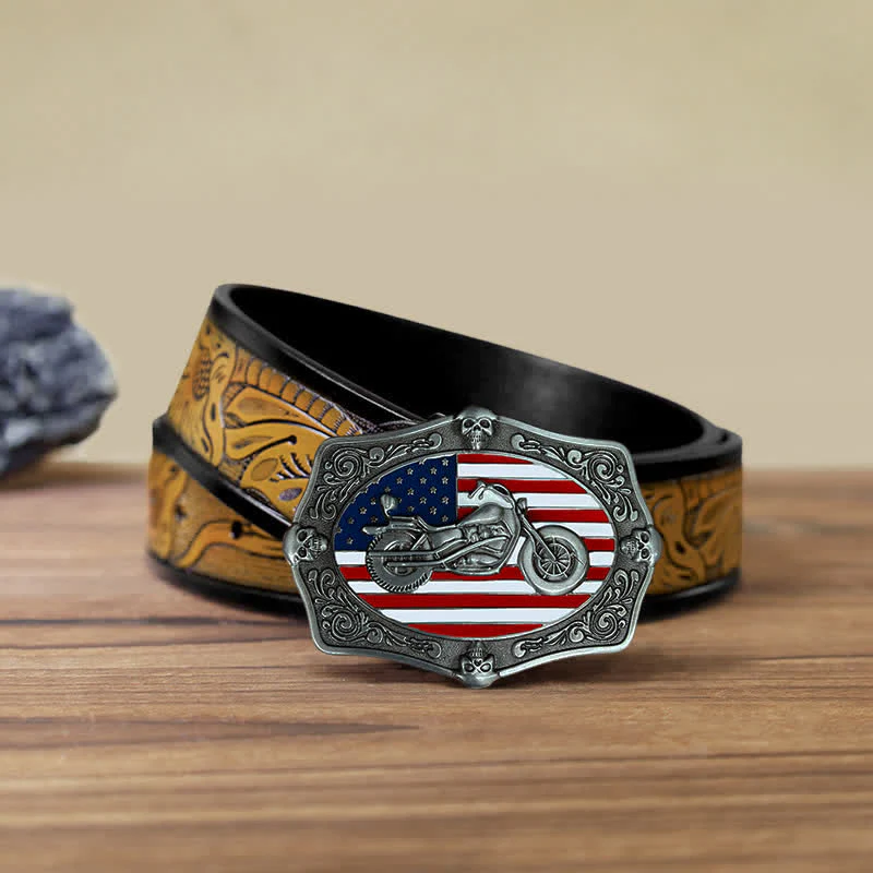 Men's DIY Motorcycle USA Flag Skull Buckle Leather Belt - Image 14