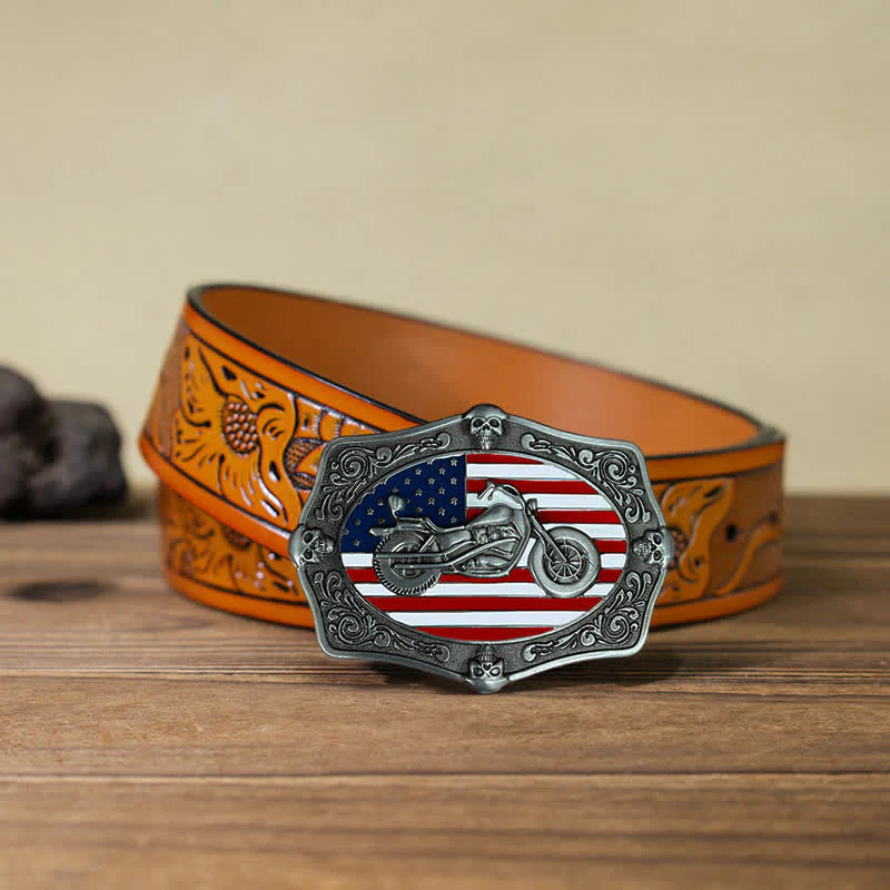 Men's DIY Motorcycle USA Flag Skull Buckle Leather Belt - Image 16