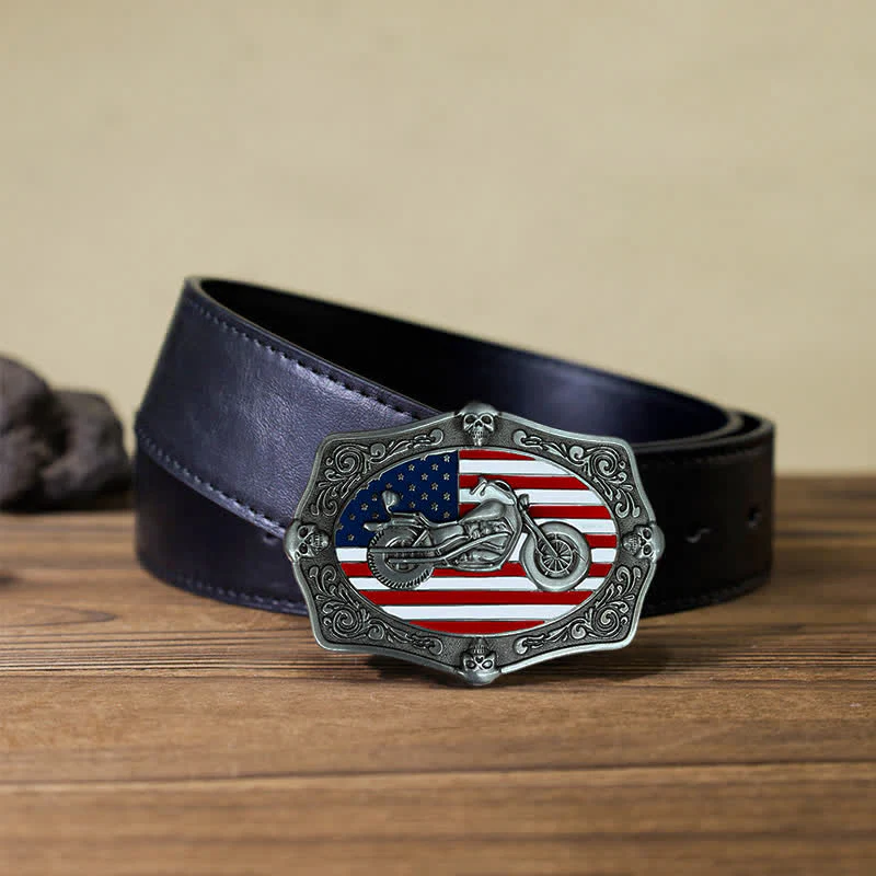 Men's DIY Motorcycle USA Flag Skull Buckle Leather Belt - Image 4